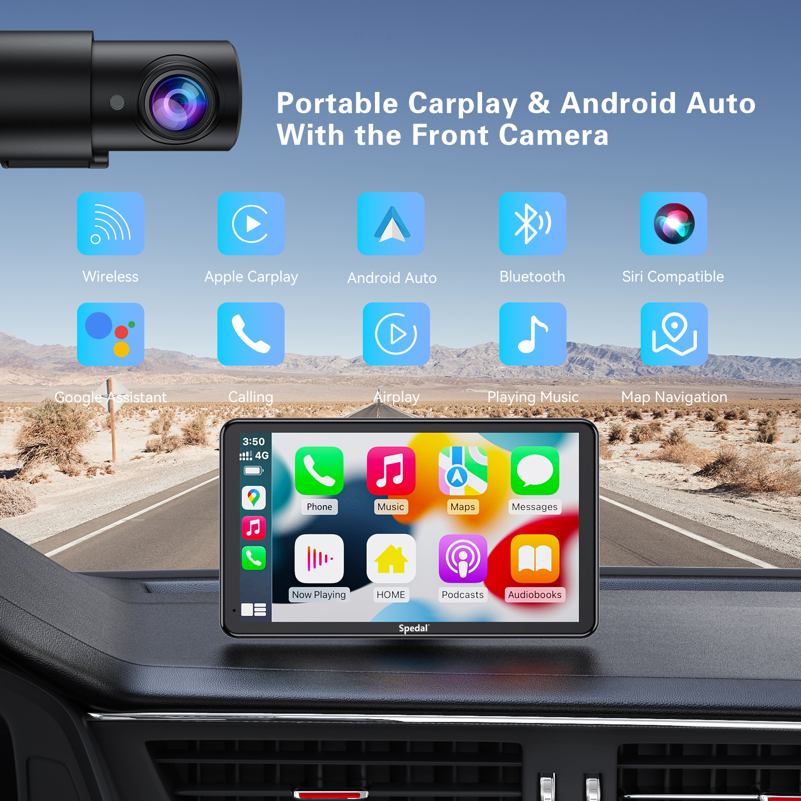 7'' Portable Wireless Car Stereo Apple Carplay with Airplay, Android Auto,  Bluetooth, FM, AUX, Voice Control, GPS Navigation