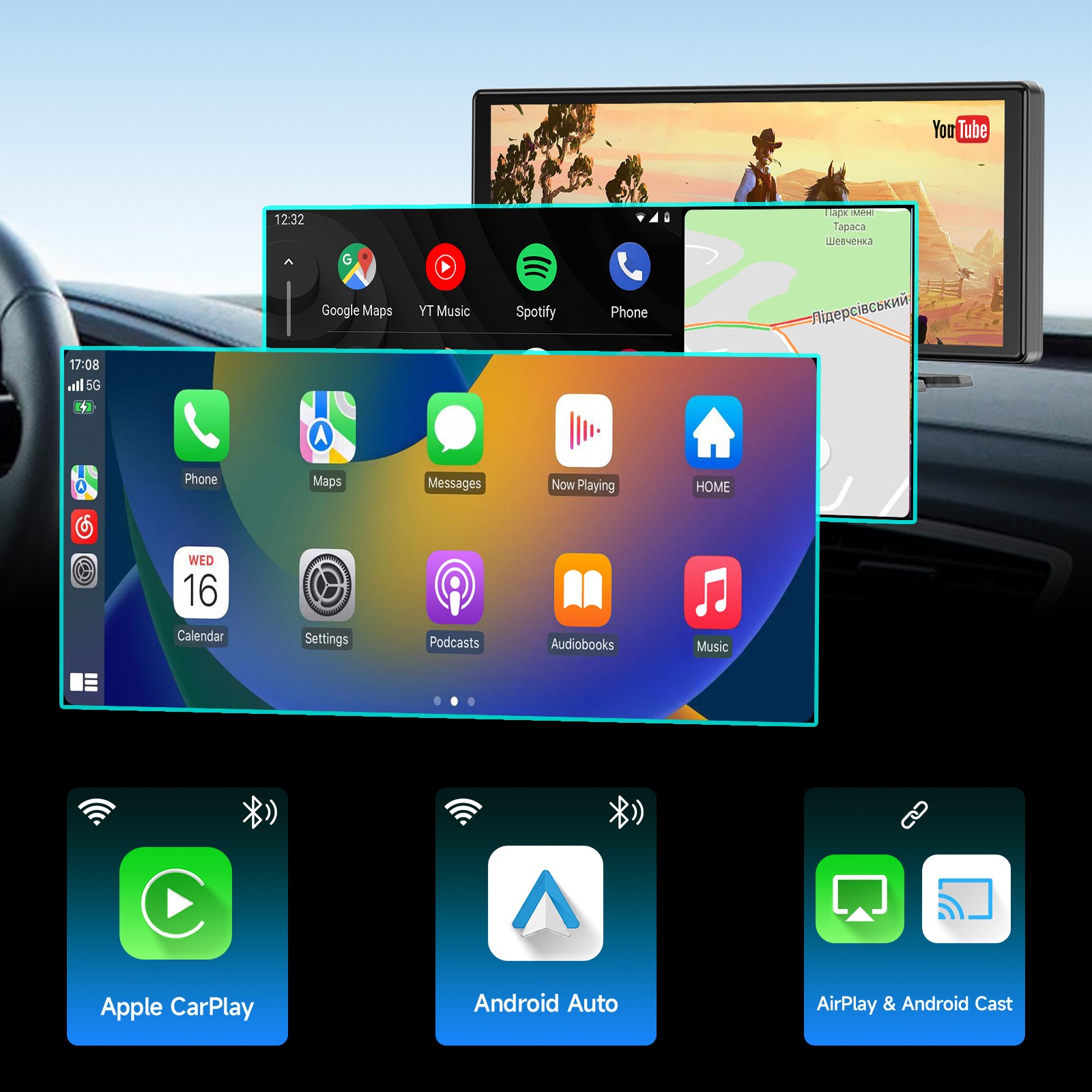 Portable 9.3 Dash Mount Apple CarPlay with 4K Front and Rear